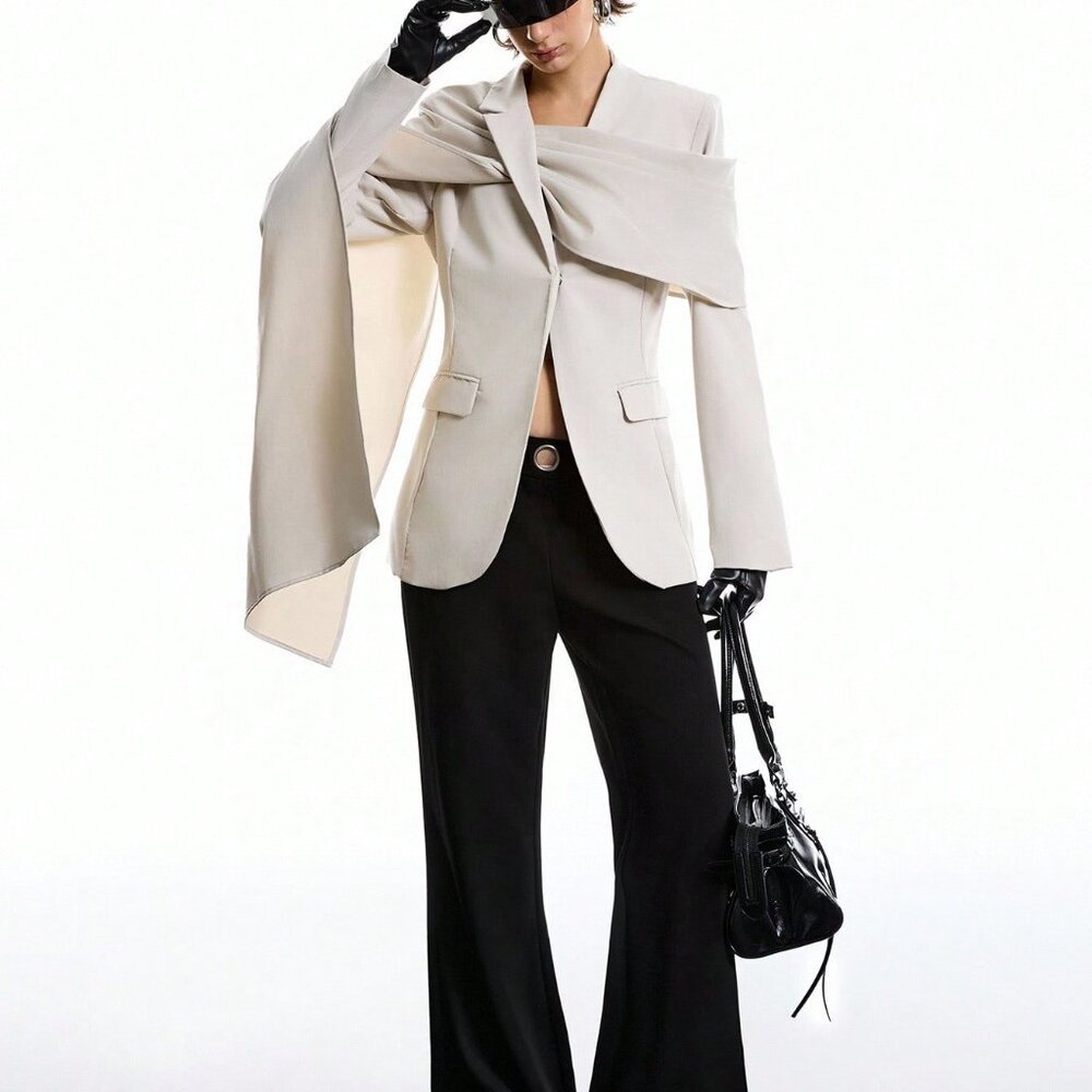 Apricot Elegant Women's Minimalist Asymmetric Scarf Lapel Blazer